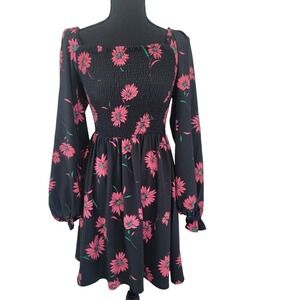 WAYF Black Floral Longsleeve Smocked Mini Balloon Sleeve Dress Fit like a Medium